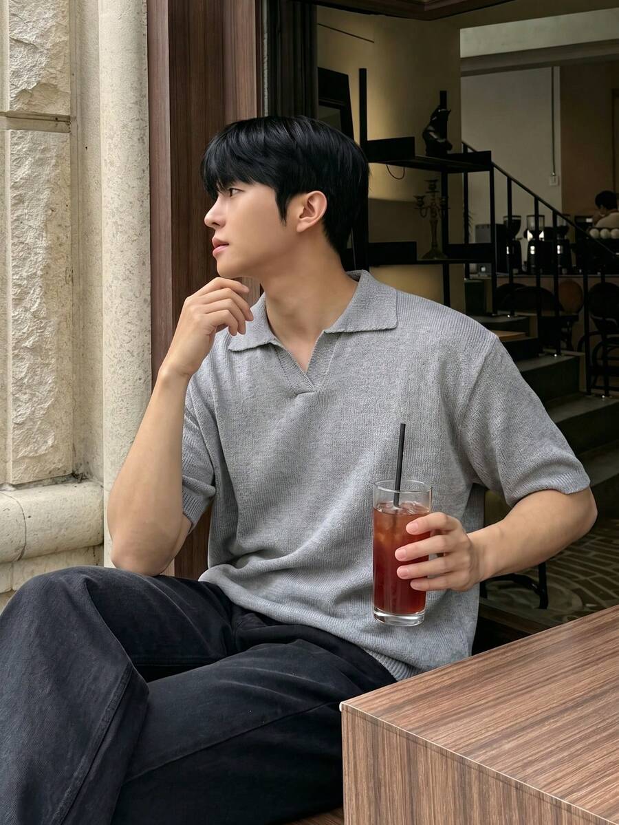 Spring Summer European American Japanese Korean Casual Unisex Versatile Solid Color Business Style Men Women Knit Short Sleeve V-Neck Pullover Sweater Back To School - Grey - View 1
