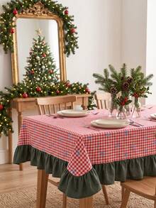 1pc Red & White Classic Small Plaid Blue Bow Print Tablecloth, Traditional Country Style Rectangular Green Leaf Edge Pleated Detail Stain-Resistant Protective Table Cover, Suitable For Christmas Family Gathering And Winter Holiday Dining Room Decor - Red - View 8