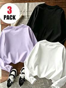 3pcs-Tween Girl Casual Fun Print Crew Neck Pullover Long Sleeve T-Shirt, Autumn/Winter Top - Black - View 2