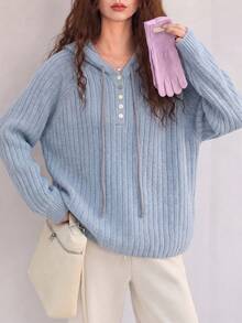 Women's Light Blue Knitted Hooded Pullover Sweater With Drawstring And Button Details, Long Sleeve Casual Winter Knitwear - Baby Blue - View 3