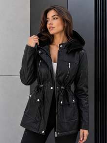 Women's Leather Hooded Puffer Winter Coat - Black - View 4
