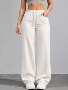 Women High Waist Wide Leg Pants Loose Fit Casual Trousers With Drawstring Waist Solid Color Pants For Everyday Outfit. - White - View 8