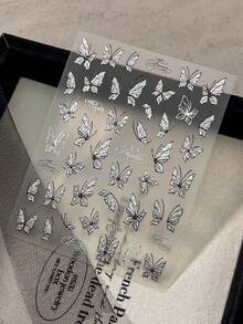 1Sheet 3D Embossed Nail Decals Raised Press‑Craft Silver Butterfly Wing Texture Cursive Text Fall Outfit DIY Accessories Nail Art - Silver - View 3