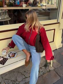 Fashion Plaid Stand Collar Zipper Short Jacket, Casual Loose Long Sleeve Outerwear, Suitable For Autumn - Red - View 4