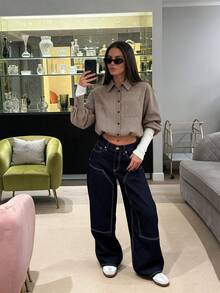 Women's Casual Plaid Print Lantern Sleeve Blouse, Fashionable Checkered Button Front Shirt - Khaki - View 2