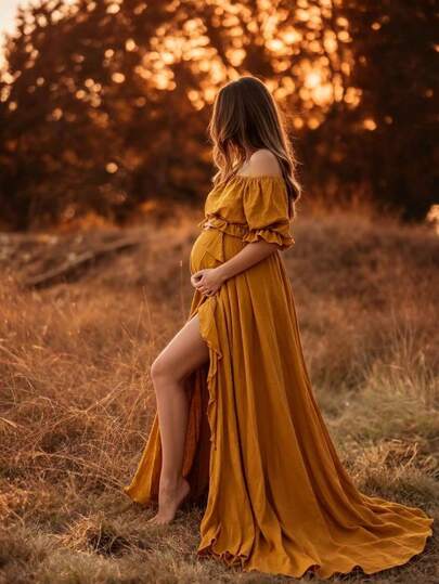 Bohemian Style Off-Shoulder Maternity Dress, Ruffle Sleeve Cuffs And Slit Hem, Perfect For Photos Fall