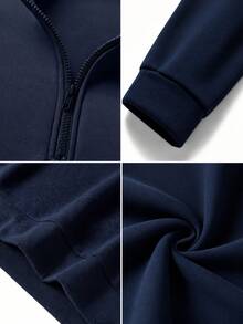 Men's Navy Blue Half-Zip Stand Collar Sweatshirt, Autumn/Winter Relaxed Drop Shoulder Commuter Casual Pullover - Navy Blue - View 7
