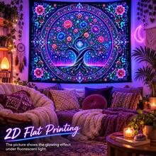 2D Flat Pattern, Single "Tree Of Life" Tapestry, Featuring Vibrant Mandala Design With Floral And Scroll Patterns. It Glows Under Fluorescent Light, Suitable For Wall Decoration, Bedroom Background Decor And Party Decoration. - Multicolor - View 9