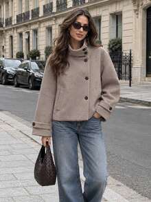 Vintage Stand Collar Short Wool Blend Jacket, Long Sleeve With Side Pockets - Light Grey - View 7