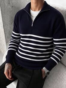 Men's Striped Half-Zip Stand Collar Knit Polo Shirt, Light Business Casual Long Sleeve Top - Black - View 4