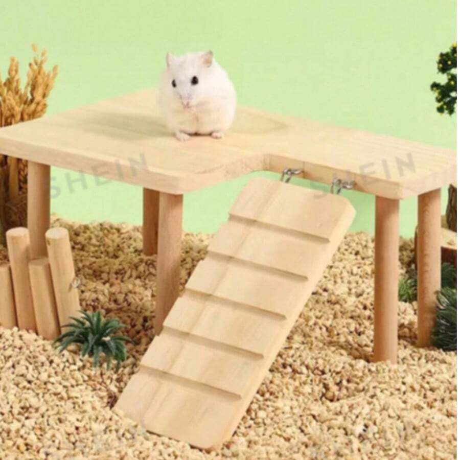 1 Set Solid Wood Two-Tier Platform Table With Ladder Hamster Rutile Chicken Golden Bear Climbing Stairs Hideout House Landscaping Platform Suitable For Small - one-size - View 1