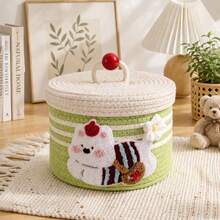 Cotton Rope Storage Basket With Lid, Dustproof Desktop Storage Bin, Creative Woven Organizer For Snacks Sundries, Household Home Storage Container, Random Style Sent - Multicolor - View 8
