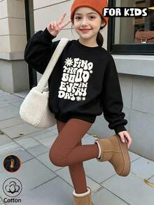 Girls Crew Neck Sweatshirt, Retro Wavy Letter & Daisy Print Long Sleeve Pullover, Casual Loose Tween Girl Sweatshirt For Fall Winter - Black - View 3