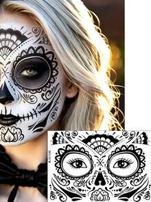 12 Sheets Halloween Sugar Skull Face Temporary Stickers, Day Of The Dead Floral Skull Full Face Stickers, Cosplay Festival Party Face Decorations - Multicolor - View 9