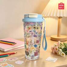 MINISO Transparent Water Cup, Cute Little Goldfish Pattern Coffee Cup, Clean And Refreshing, 550ML Transparent Water Cup, Straw, Travel, Easy To Carry; Valentine's Day Gift. - Baby Blue - View 3