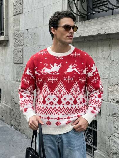 Autumn/Winter Warm Oversized Casual Unisex High Street Knit Sweater, Minimalist Loose Drop Shoulder Snowflake & Christmas Deer Round Neck Pullover