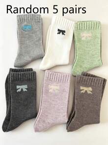 5 Pairs Random Bow Vertical Stripe Mid-Calf Leg Warmers For Women, Simple Basic Style, Soft And Skin-Friendly, Commuter Cotton Leg Warmers Set - Multicolor - View 7