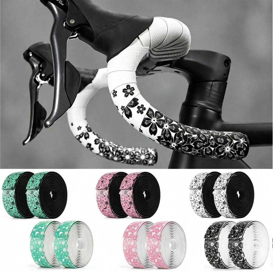 2 Rolls/Box Sakura Anti-Slip Bicycle Handlebar Tape, 6 Colors Optional Personalized Pattern Breathable Sweat-Proof Anti-Slip Shock-Absorbing Bicycle Handlebar Wrap, Self-Adhesive Handlebar Tape To Improve Control And Comfort, Suitable For All Road Bikes And Mountain Bikes And Other Bicycle Models (Includes Dust-Proof Bar End Plugs) - Cherry Blossom - View 1