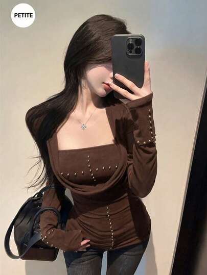 American Style Hot Girl Low Neck Long Sleeve Slim Fit Studded Tube Top 2 Pieces Set