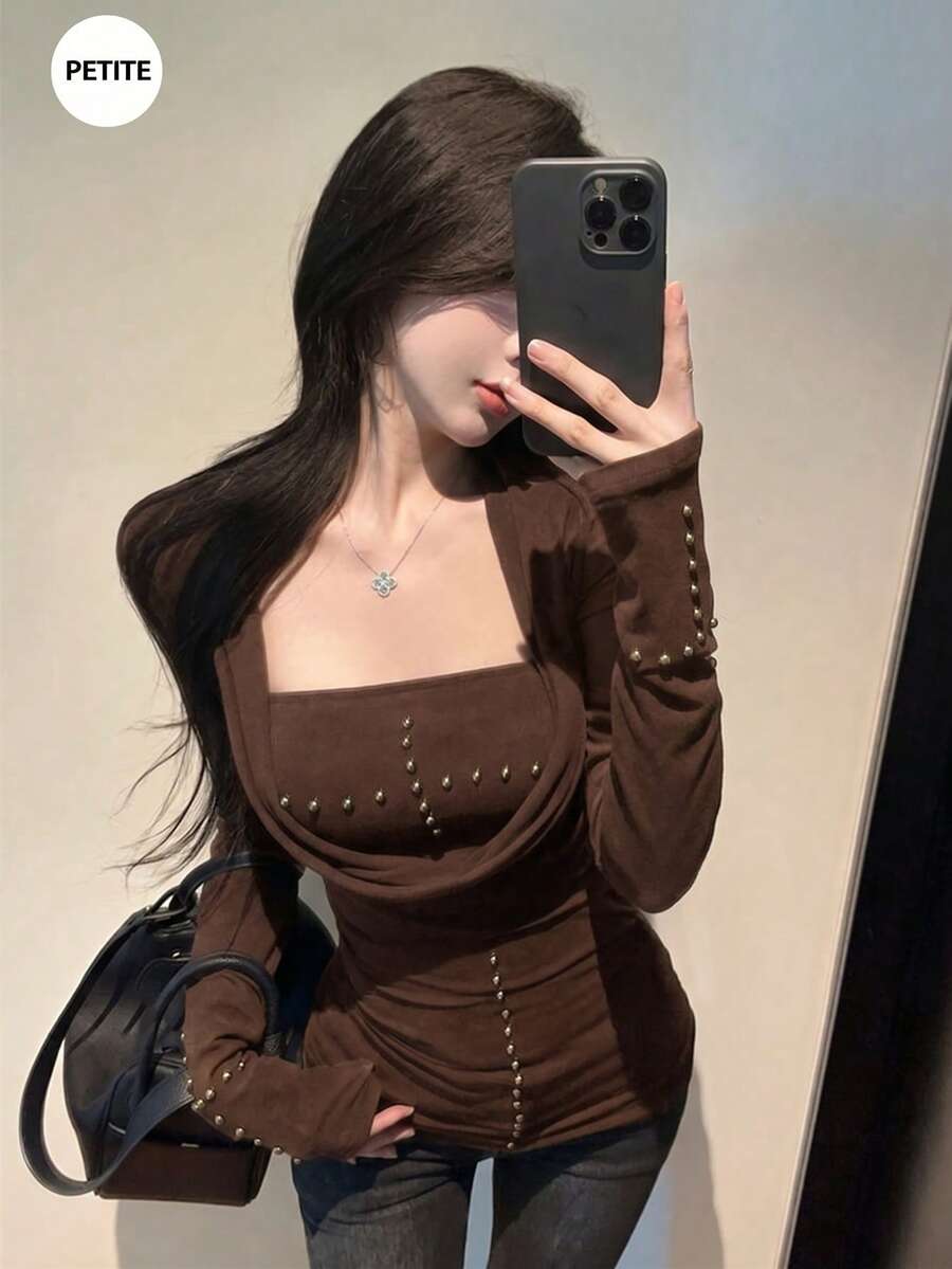American Style Hot Girl Low Neck Long Sleeve Slim Fit Studded Tube Top 2 Pieces Set - Brown - View 1