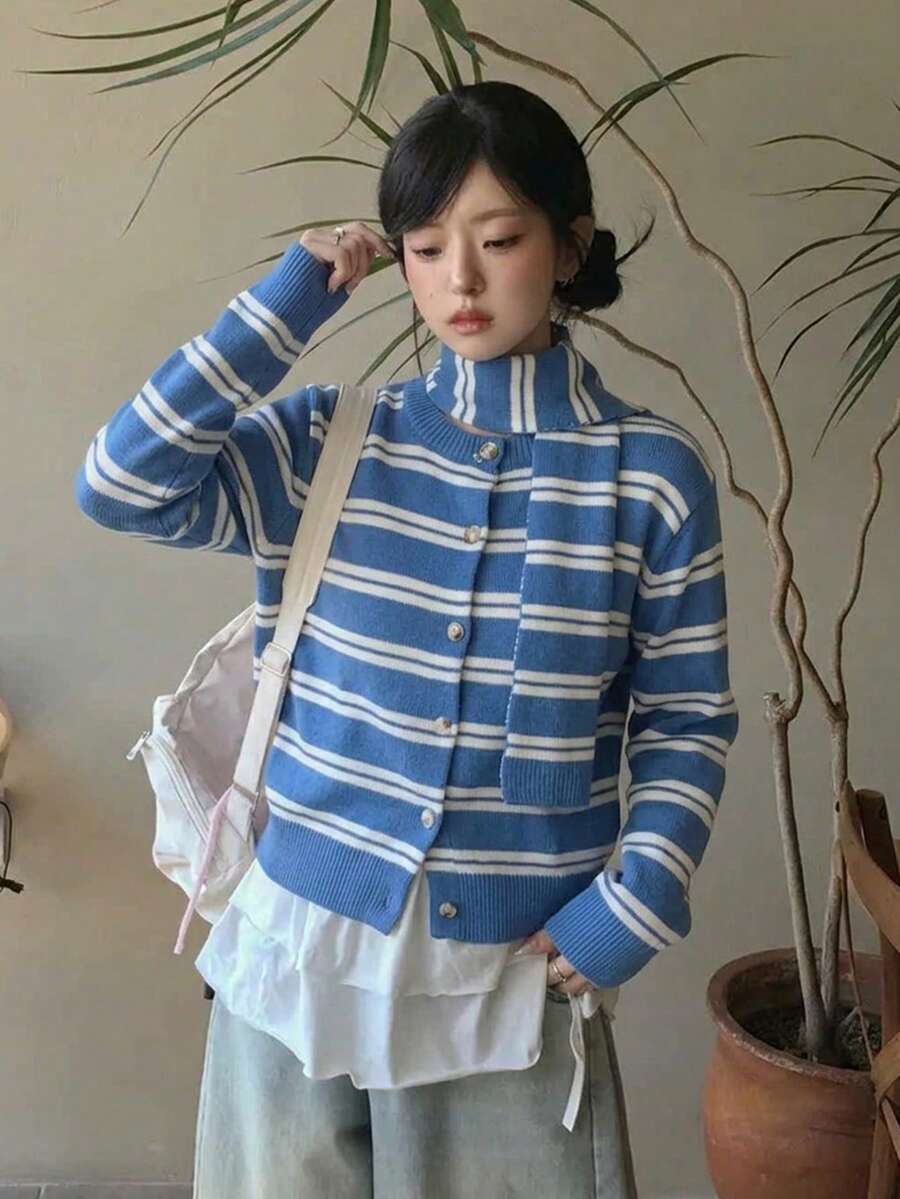 Women's Early Autumn Striped Knit Cardigan With Scarf Detail, Casual Slimming Top For Fall/Winter - Blue - View 1