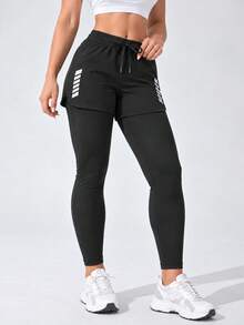 Women 2 In 1 High Waist Sports Leggings With Drawstring Layered Shorts Slim Fit Active Pants - Black - View 3
