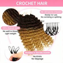 VALLBEST Boho Braids Miracle Knots Hair Human Crochet Hair Deep Wave 18 Inch 120g Ombre Feather Crochet Human Hair For Women Pre-Separated Invisible Wet And Way Crochet Hair Extensions T4/27# - Multicolor - View 2