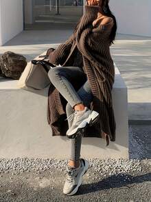 Women's Plus Size Long Sleeve Cardigan Sweater, Knitted Long Cardigan With Pockets, Autumn/Winter - Brown - View 6