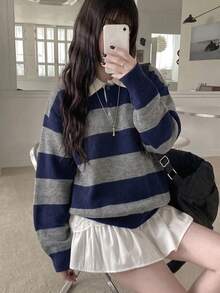 Atasan Pullover Longgar Berkerah Polo Bergaris Blok Warna Gaya Korea Baru Musim Gugur/Dingin - Biru dan abu-abu - View 5