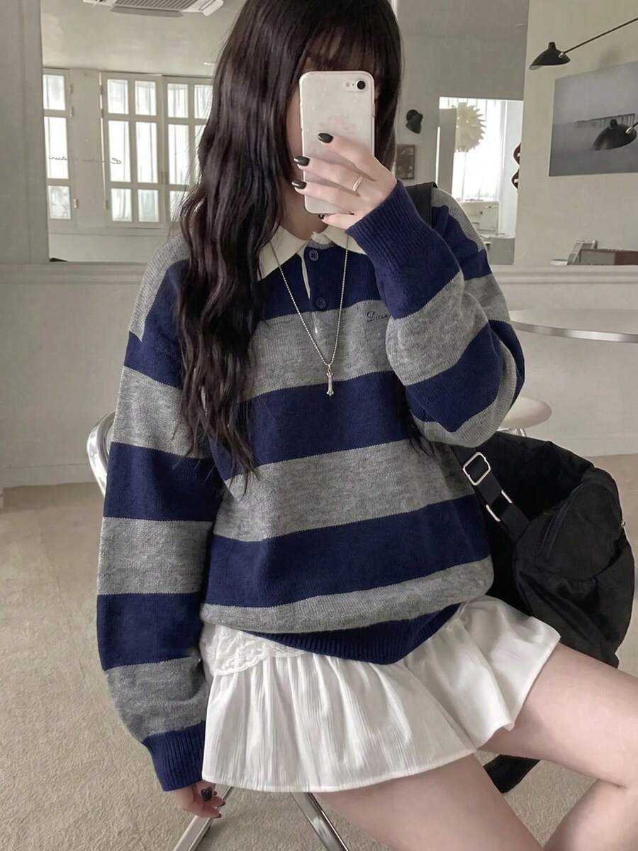 Autumn/Winter New Korean Style Colorblock Striped Polo Collar Embroidered Button Knit Sweater Loose Pullover Top - Blue and Gray - View 1