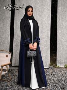 Hafizah 女款休閒丹寧感拼色西裝領設計夾克，時尚百搭防風外套，春秋款，保守風卡夫坦秋季外套 - 藍色 - 查看 2