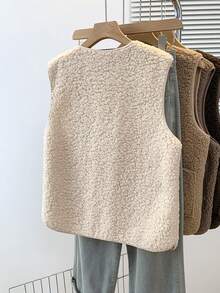 YUXIN Women's Autumn/Winter Essential! Soft Faux Lamb Fleece Sleeveless Cardigan Vest, Dual Pocket Design, Super Warm & Versatile, Suitable For Daily Wear - Apricot - View 5