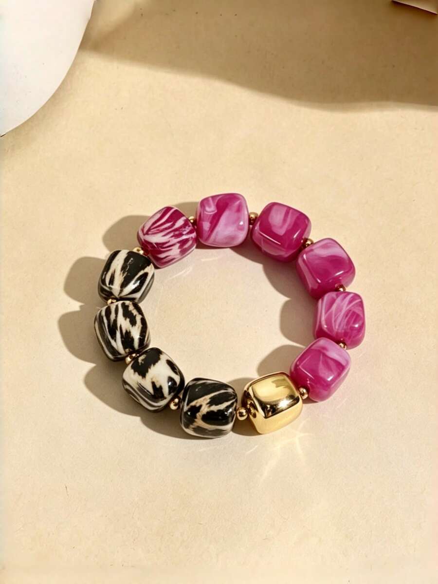 Bohemian Leopard Print Color Block Square Bead Elastic Bracelet, Multi-Color Resin Beaded Stackable Women's Vacation & Daily Jewelry - Purple - View 1