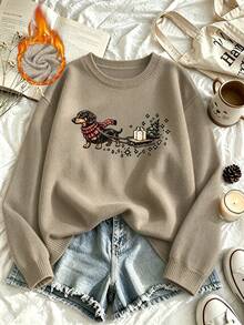 Women's Plus-Size Casual Crew-Neck Faux-Knit Sweater With Dachshund Graphic Print – A Versatile Top For Autumn And Winter, Perfect As A Christmas Gift - Camel - View 7