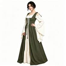 Medieval Renaissance Lace-Up Corset 2 Pieces Dress, Halloween Cosplay Performance Full Skirt Long Dress, Solid Color Drawstring - Olive Green - View 4