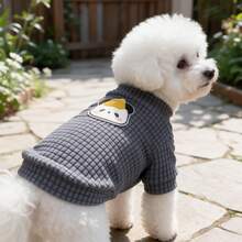 1PC Waffle Knit Dog T-Shirt, Cute Cartoon Panda Patch Half High Collar Pet Short Sleeve Shirt, Soft Stretchy Daily Clothes For Small Dogs Bichon Maltese Poodle - Dark Grey - View 5