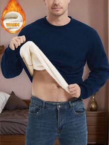 Men's Autumn/Winter Warm Minimalist Fleece Pullover Sweatshirt, Daily Home Casual Commute, Outdoor Sports, Fleece Lining For Extra Warmth, Simple Round Neck Design - Navy Blue - View 1
