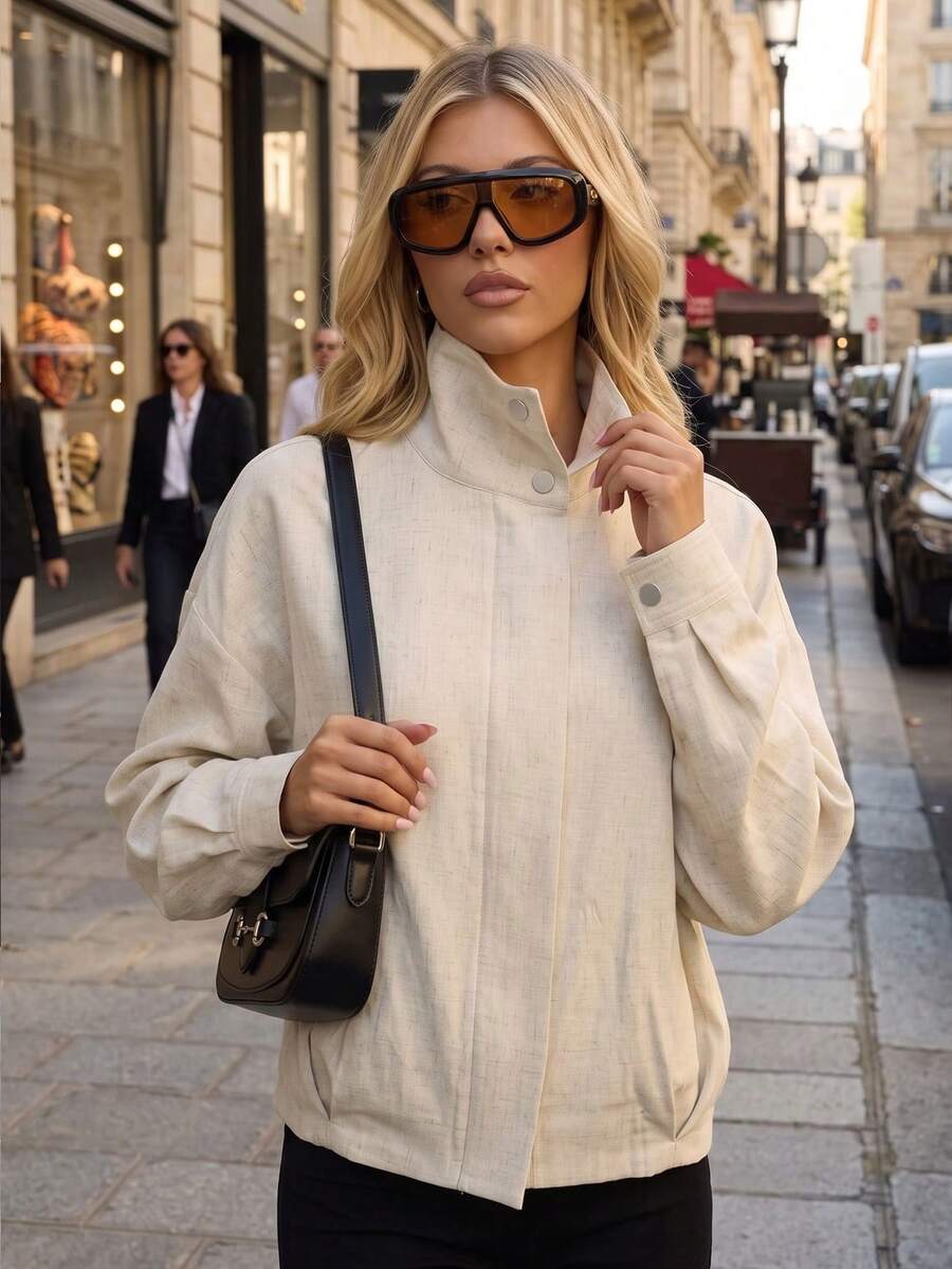 Fashion Women's Autumn/Winter Jacket, Solid Beige Woven Long Sleeve Short Jacket With Pockets, Lapel Collar, Front Button Design - White - View 1