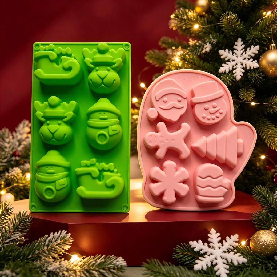 Christmas Silicone Mold 2 Pieces Set (Random Color) With Santa, Reindeer, Snowman, Sleigh, Gingerbread Man, Christmas Tree Shapes, Reusable For Plaster, Handmade Soap, Resin, DIY Crafts & Party Decor. - Christmas Reindeer + Gloves 2-piece Set - View 1