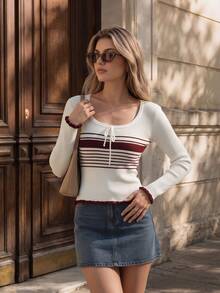Aflion Women Fall Winter Cream Burgundy Striped Knit Sweater U Neck Drawstring Slim Fit Casual Back To School Campus Daily Class Going Out Top - White - View 8