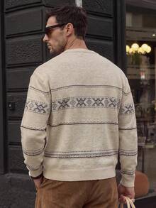 Men Autumn‑Winter Geometric Fair Isle Knit Cardigan, Button Front Long Sleeve Relaxed Sweater, Old Money Style For Holiday Festival Daily Wear - Apricot - View 2