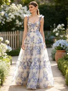 Vestido largo hombros al descubierto con lazos estampado floral organza falda multicapa amplia corsé ajustado estilo romántico ideal para boda fiesta graduación y eventos formales - Azul cielo - Ver 3