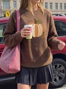 女款時尚休閒百搭大尺碼套頭毛衣，復古拼接南瓜印花圓領設計，適合秋冬穿著 - 深赭石 - 查看 4