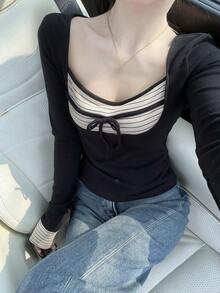 Striped Colorblock 2 In 1 Square Neck Long Sleeve T-Shirt Women's Fitted Inner Top - Black - View 4