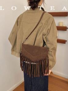 low tea 1pc Fashionable Tassel Suede Fabric Shoulder Bag, Suitable For Commuting, Shopping And More - Coffee - View 9