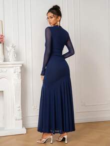 PARTHEA Women's Elegant Deep Blue Mesh Stand Collar Long Sleeve Mermaid Evening Gown, Suitable For Wedding Guests - Navy Blue - View 2