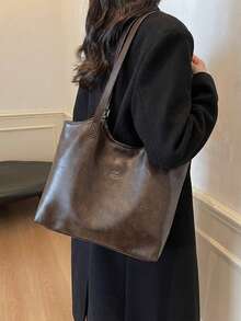 Fashion Solid Color PU Shoulder Tote Bag, Suitable For Women Shopping, Commuting And Daily Use - Coffee - View 4