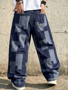 Celana Jeans Denim Pria LIYS Motif Kotak-kotak Geometris Jacquard Longgar Kaki Lebar Gaya Jalanan Vintage dengan Efek Usang - Biru - View 2