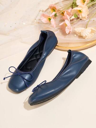 HFSHUNXY Flatjoy 2026 eleganta marinblå ballerinaskor för dam, höst/vinter, med fyrkantig tå och rosett, skrynkelfria, bekväma, mjuka och lätta, avslappnade slip-on, elegant mode, mångsidiga för shopping, dejter, fester, banketter och Alla hjärtans dag