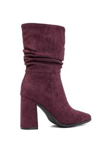Mid-Calf Pleated Suede Ankle Boots With High Heels – - Burgundy - View 4